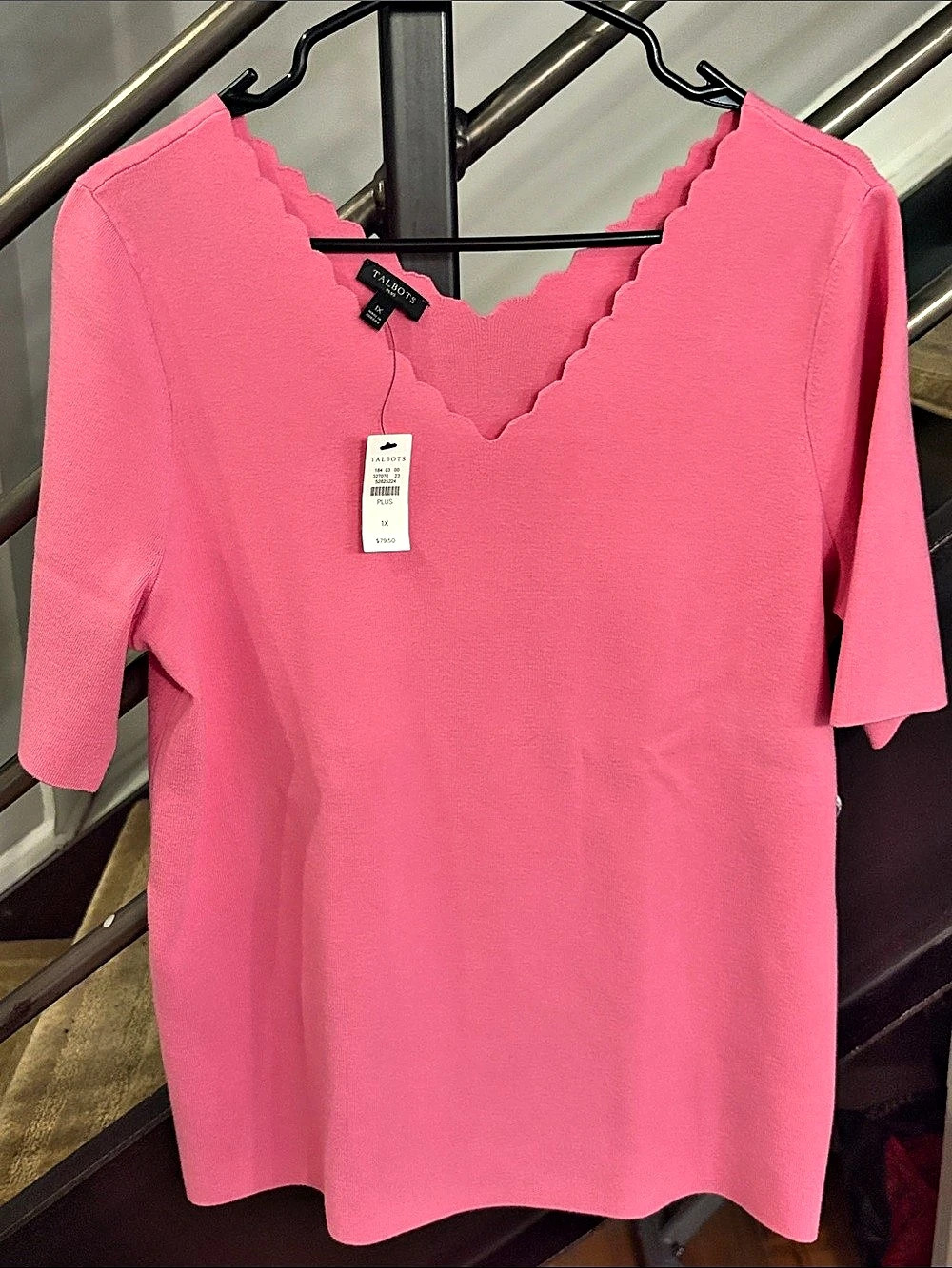 Talbots Plus Scallop-Trim V-Neck Sweater Pink |1X | NWT